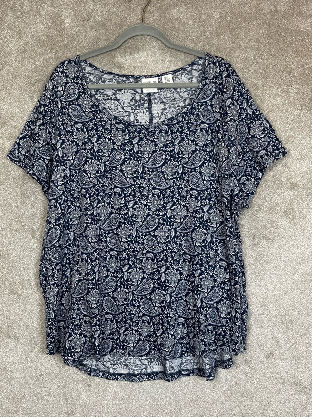 Rachel Zoe Shirt Womens 2X Blue White Floral Linen Stretch Short Sleeve- 5347